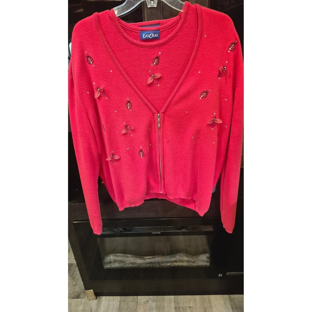 Vintage Las Olas Red Cotton Twinset Ladybug Embroidered Cardigan Shell XL USA